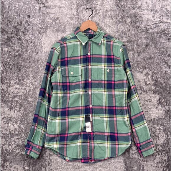 New Polo Ralph Lauren Shirt Small Mens Green Plaid Flannel Work Utility - Picture 1 of 8